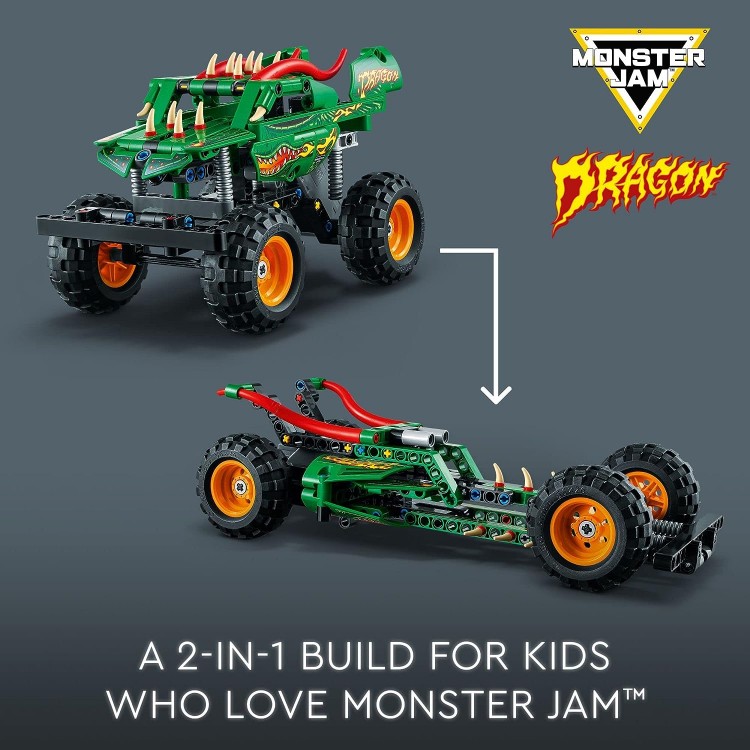 Technic Monster Jam Dragon Monster Truck Toy for Boys and Girls, 2in1 Racing Pull Back Car Toys for Off Road Stunts, Kids Birthday Gift Idea, Great Activity for Kids, 42149
